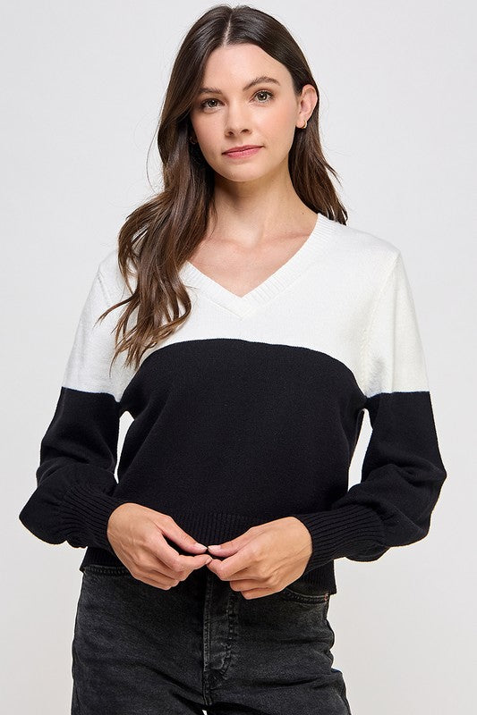 BALLOON SLEEVE COLOR BLOCK SWEATER