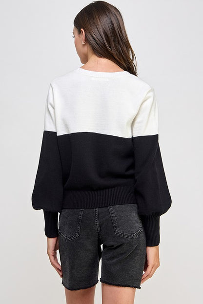 BALLOON SLEEVE COLOR BLOCK SWEATER