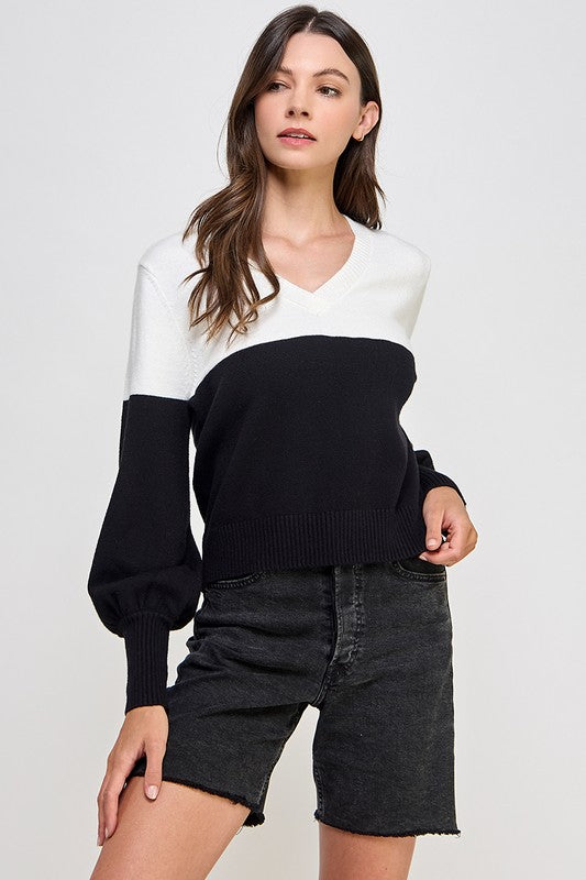 BALLOON SLEEVE COLOR BLOCK SWEATER