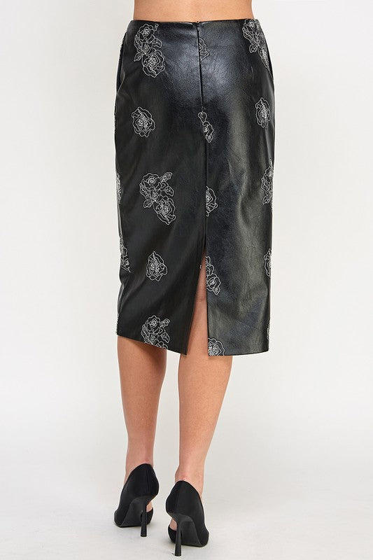 FLORAL EMBROIDERY PLEATHER PENCIL SKIRT