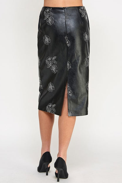 FLORAL EMBROIDERY PLEATHER PENCIL SKIRT