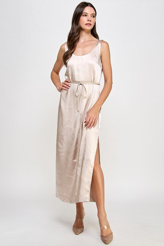 SIDE SLIT SATIN MIDI DRESS