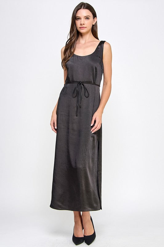 SIDE SLIT SATIN MIDI DRESS