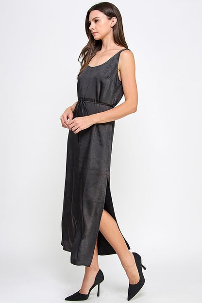 SIDE SLIT SATIN MIDI DRESS