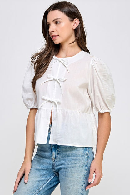 PUFF SLEEVE TIE FRONT PEPLUM TOP