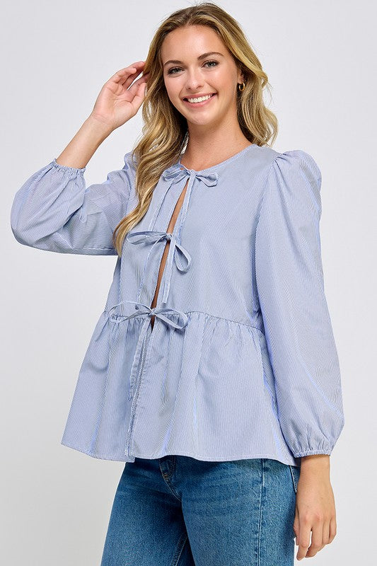 LONG SLEEVE TIE FRONT PEPLUM BLOUSE