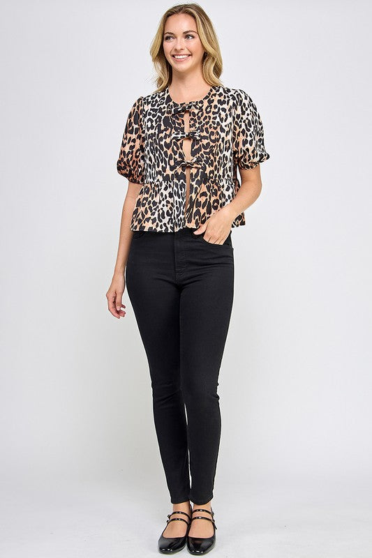 LEOPARD PRINT TIE FRONT PEPLUM TOP