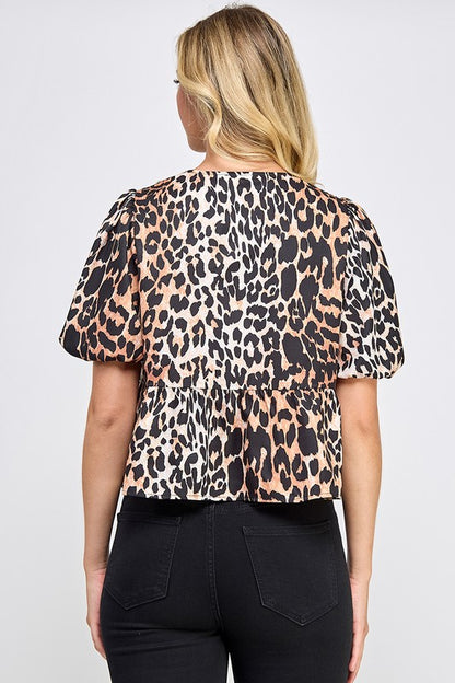 LEOPARD PRINT TIE FRONT PEPLUM TOP