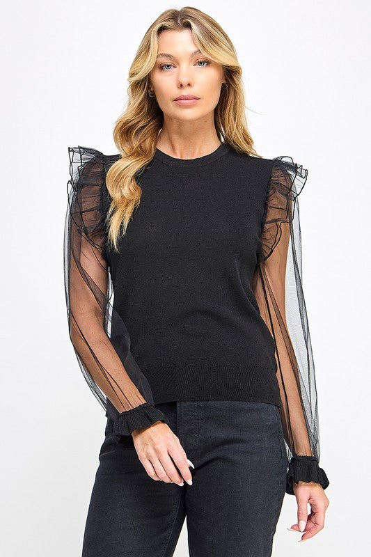 RUFFLED SHEER SLEEVE TOP