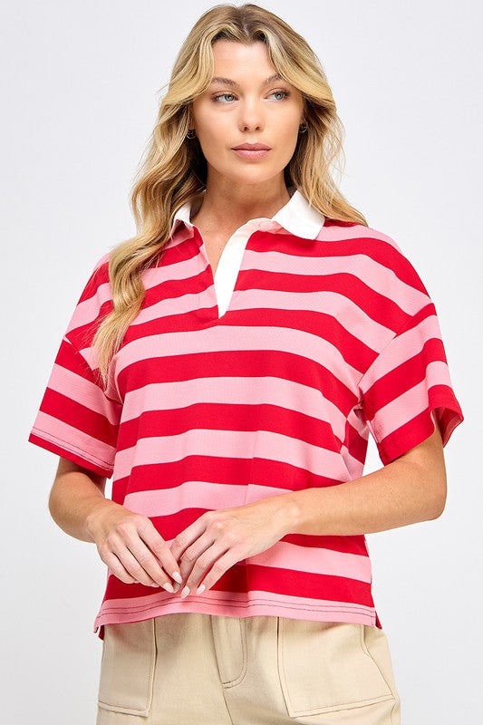 CONTRAST COLLAR STRIPED TEE