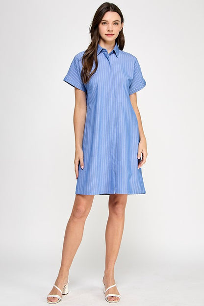 SHORT-SLEEVE STRIPE SHIRT DRESS