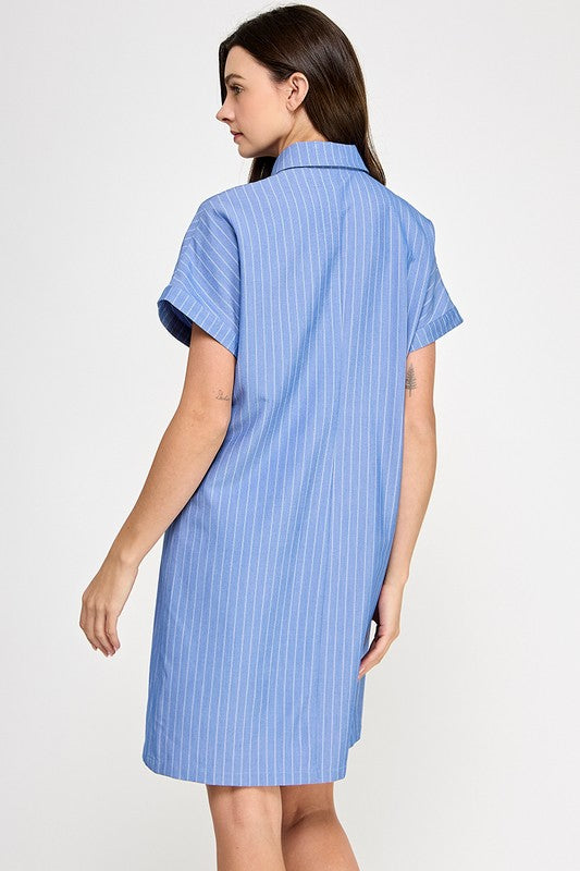 SHORT-SLEEVE STRIPE SHIRT DRESS