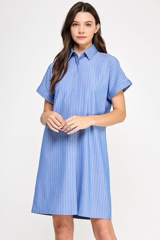 SHORT-SLEEVE STRIPE SHIRT DRESS