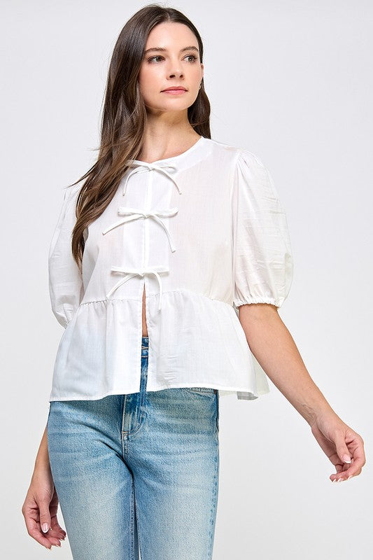 PUFF SLEEVE TIE FRONT PEPLUM TOP