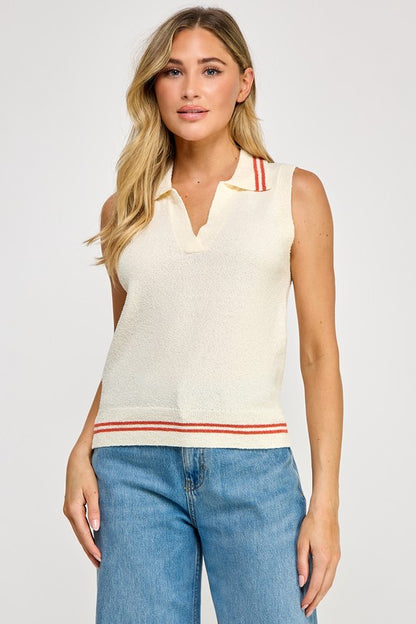 LIGHTWEIGHT STRIPED COLLARED TANK TOP