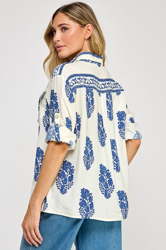 PRINTED BUTTON-FRONT SHIRT