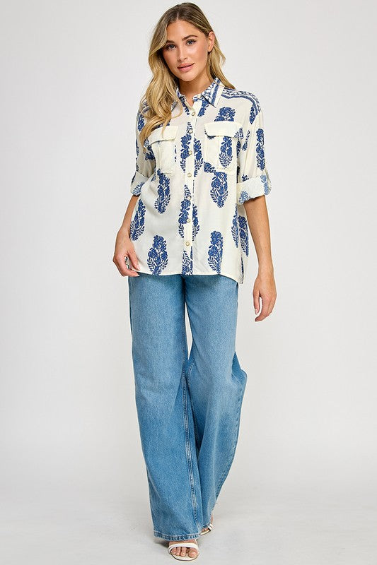 PRINTED BUTTON-FRONT SHIRT