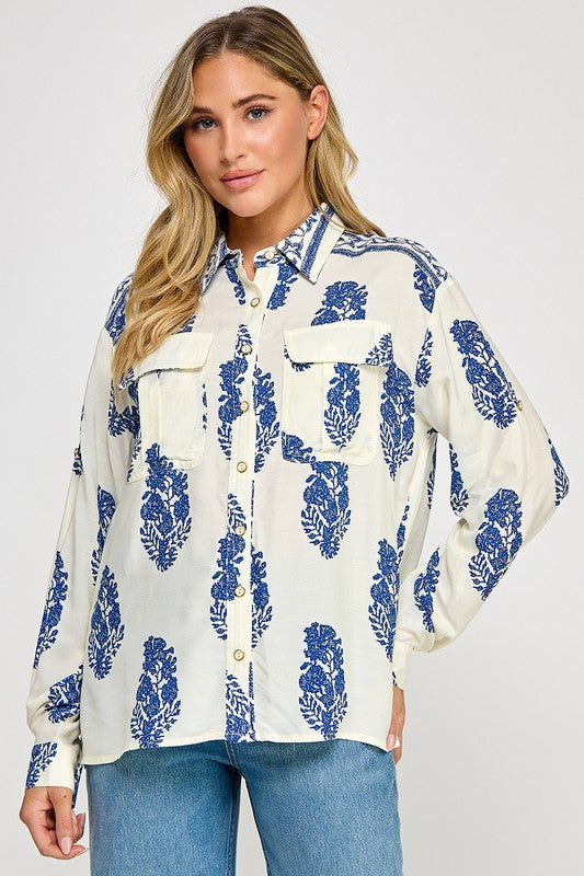 PRINTED BUTTON-FRONT SHIRT