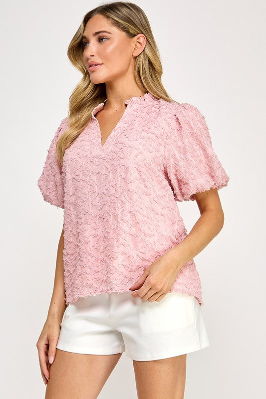 V-NECK PUFF SLEEVE LACE TOP