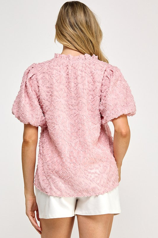 V-NECK PUFF SLEEVE LACE TOP