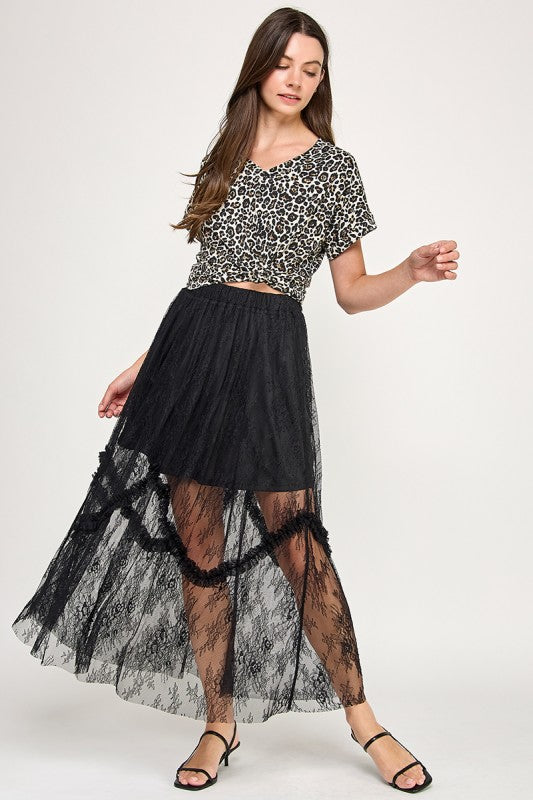 TIERED LACE MIDI SKIRT