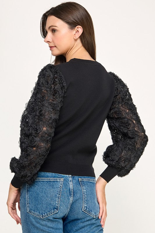 MOCK NECK RUFFLED LONG SLEEVE LACE TOP