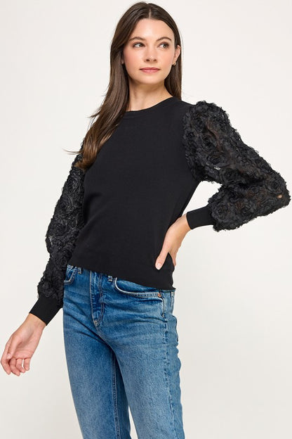 MOCK NECK RUFFLED LONG SLEEVE LACE TOP