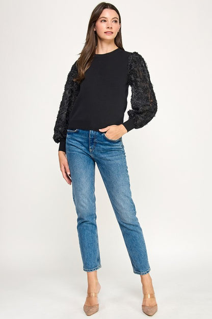 MOCK NECK RUFFLED LONG SLEEVE LACE TOP
