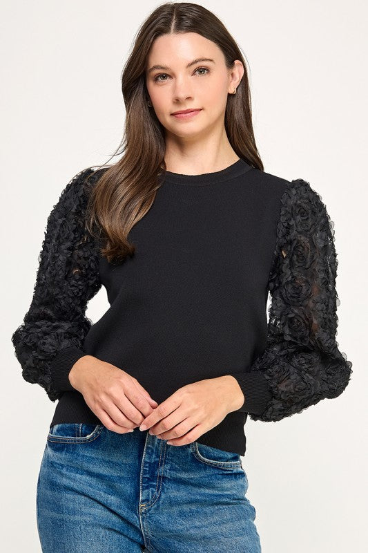 MOCK NECK RUFFLED LONG SLEEVE LACE TOP