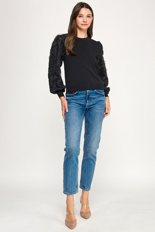 MOCK NECK RUFFLED LONG SLEEVE LACE TOP
