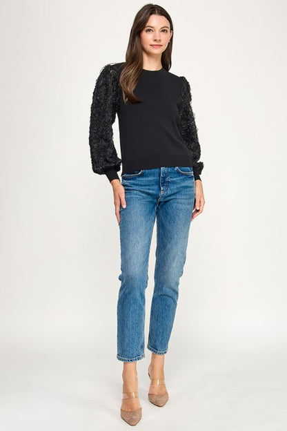 MOCK NECK RUFFLED LONG SLEEVE LACE TOP