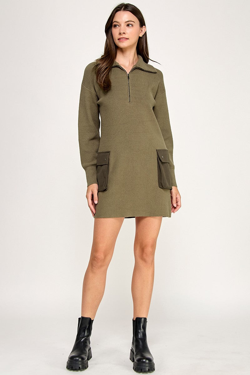 LONG SLEEVE ZIP COLLAR MINI  CARGO DRESS
