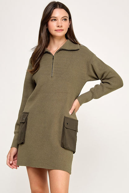 LONG SLEEVE ZIP COLLAR MINI  CARGO DRESS