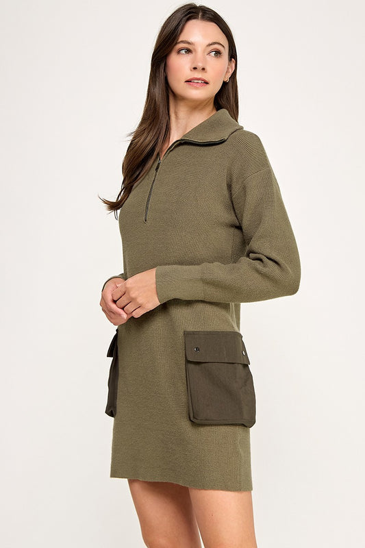 LONG SLEEVE ZIP COLLAR MINI  CARGO DRESS