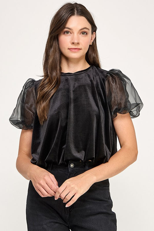 PUFF-SLEEVE VELVET BLOUSE