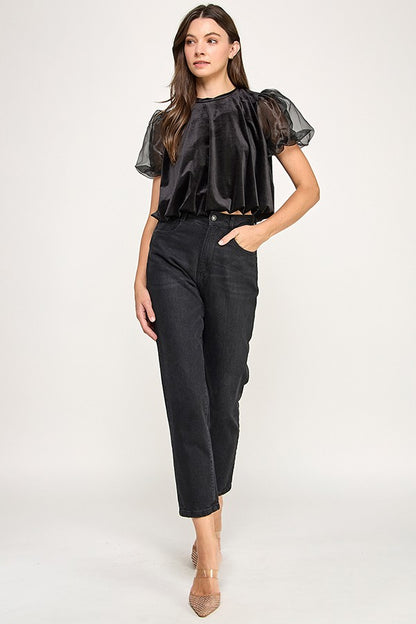 PUFF-SLEEVE VELVET BLOUSE