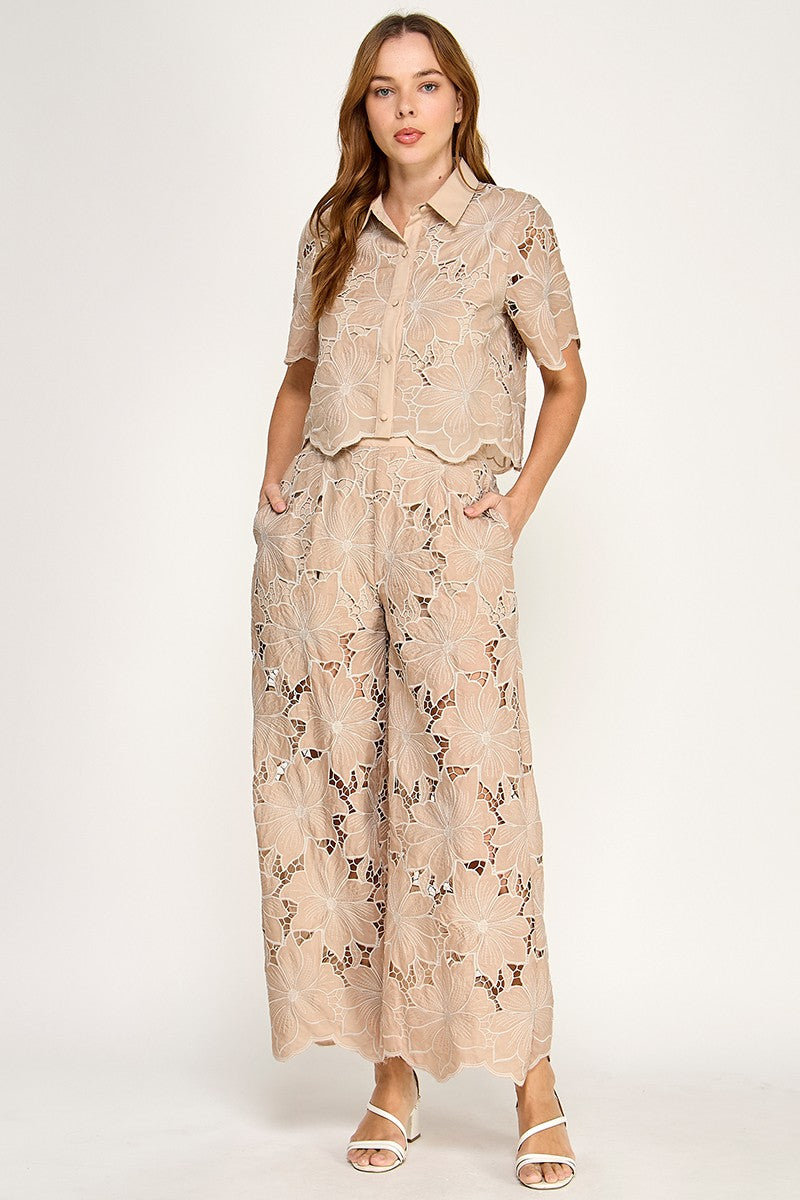 FLORAL LACE WIDE-LEG PANTS