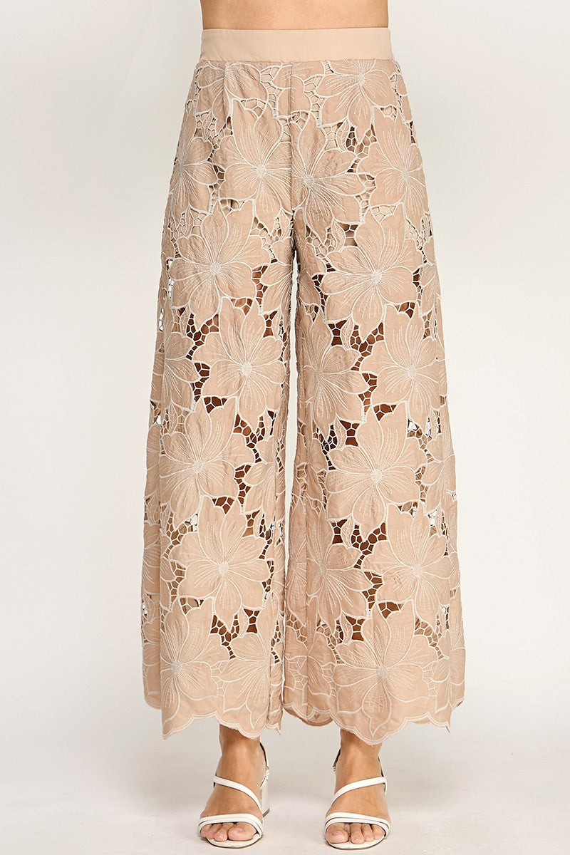 FLORAL LACE WIDE-LEG PANTS