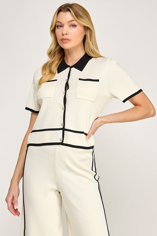 KNIT NOVELTY BUTTON UP TOP
