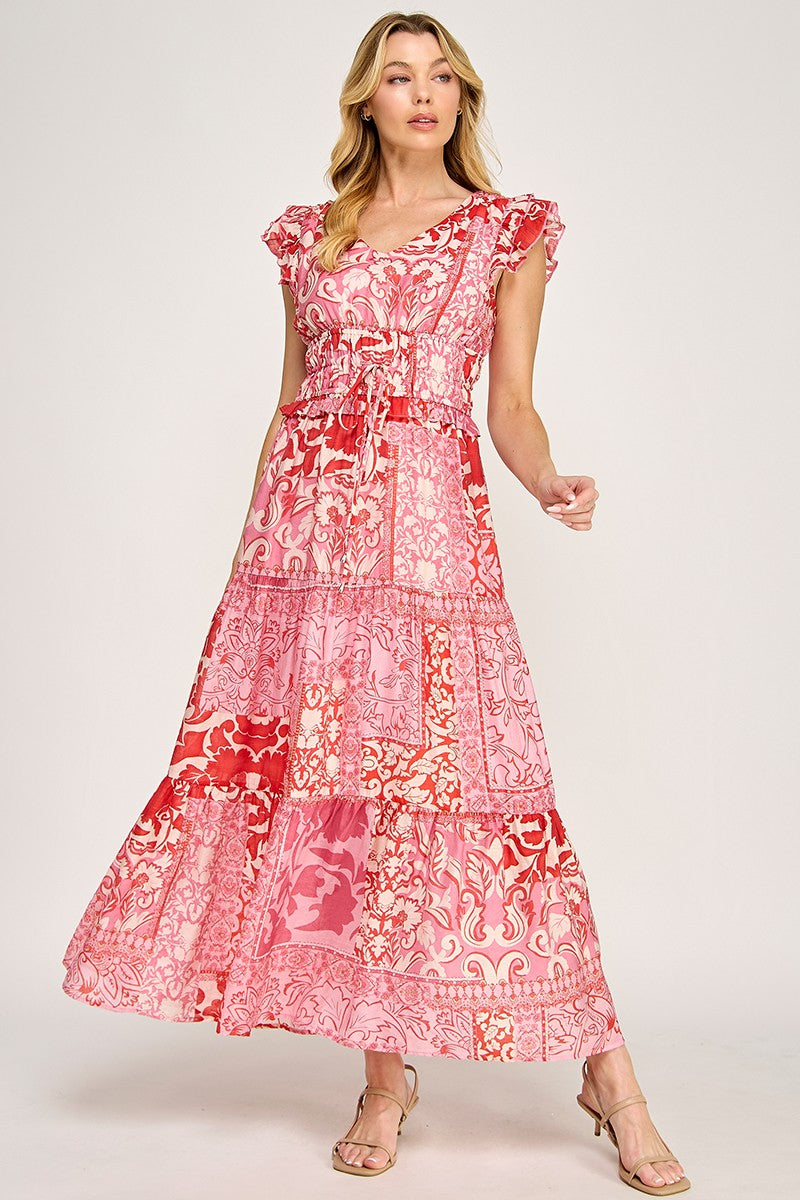 MULTI FLORAL CAP SLEEVE FLOWY DRESS