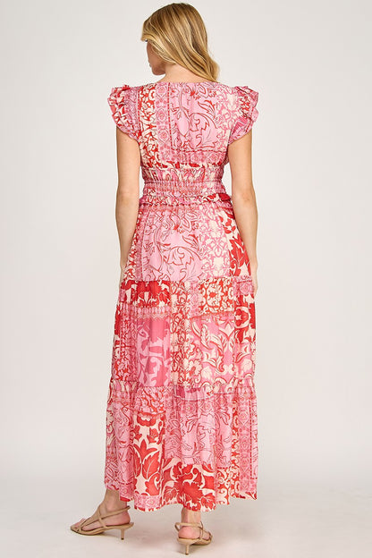 MULTI FLORAL CAP SLEEVE FLOWY DRESS