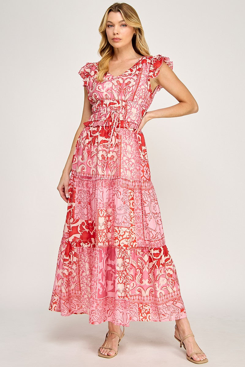 MULTI FLORAL CAP SLEEVE FLOWY DRESS