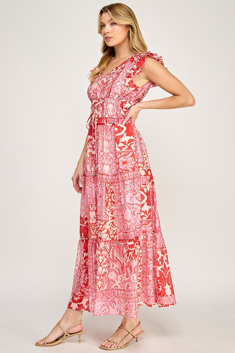 MULTI FLORAL CAP SLEEVE FLOWY DRESS