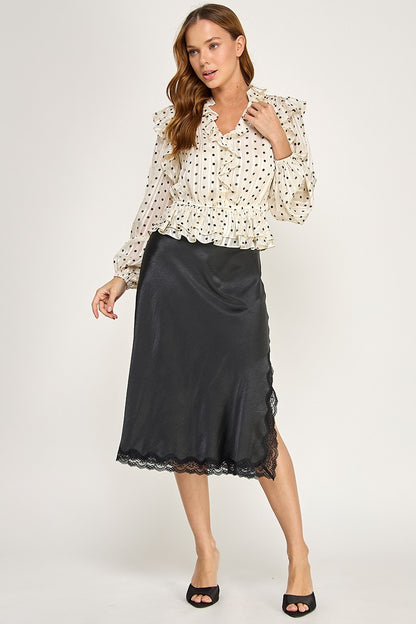 SATIN MIDI SKIRT WITH LACE SIDE SLIT  TRIM DETAIL