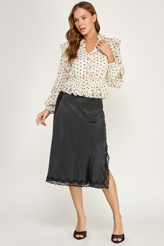 SATIN MIDI SKIRT WITH LACE SIDE SLIT  TRIM DETAIL