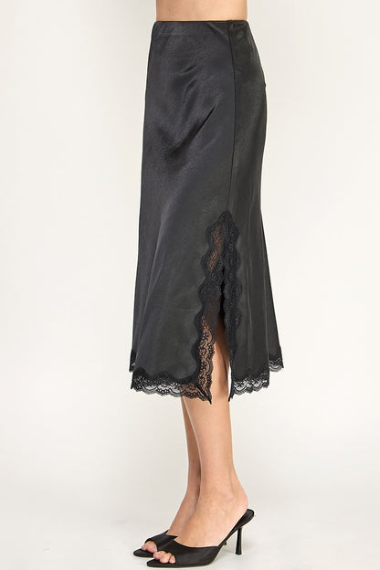 SATIN MIDI SKIRT WITH LACE SIDE SLIT  TRIM DETAIL