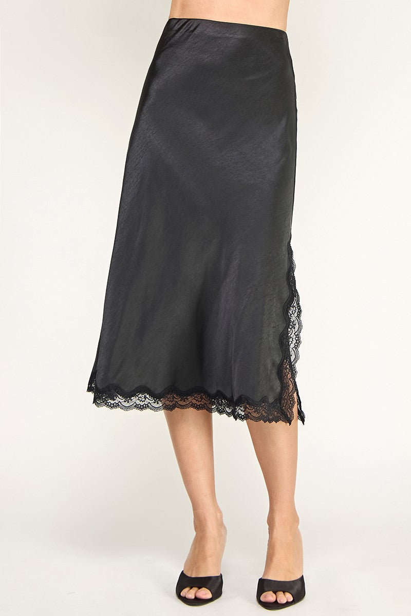 SATIN MIDI SKIRT WITH LACE SIDE SLIT  TRIM DETAIL