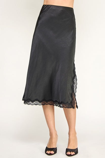 SATIN MIDI SKIRT WITH LACE SIDE SLIT  TRIM DETAIL