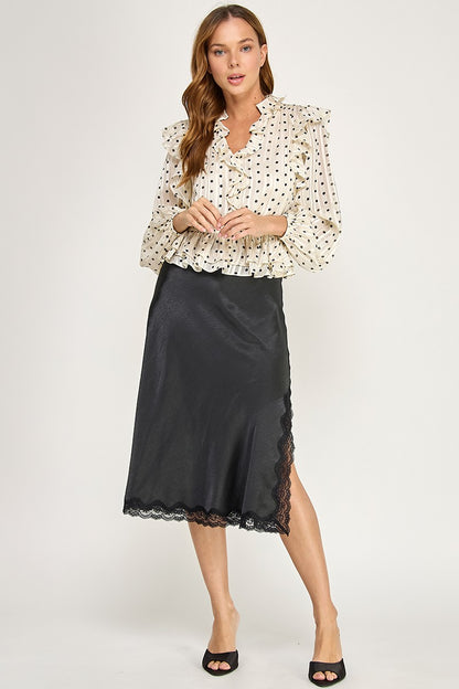 SATIN MIDI SKIRT WITH LACE SIDE SLIT  TRIM DETAIL