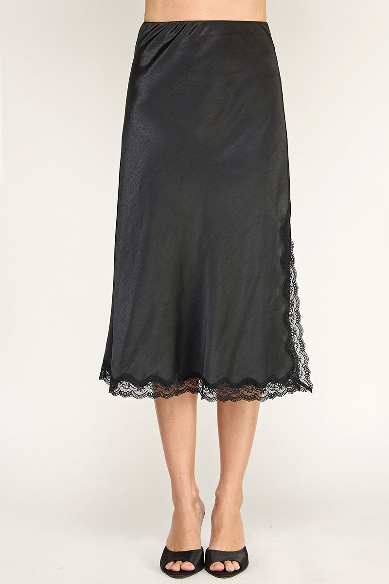 SATIN MIDI SKIRT WITH LACE SIDE SLIT  TRIM DETAIL